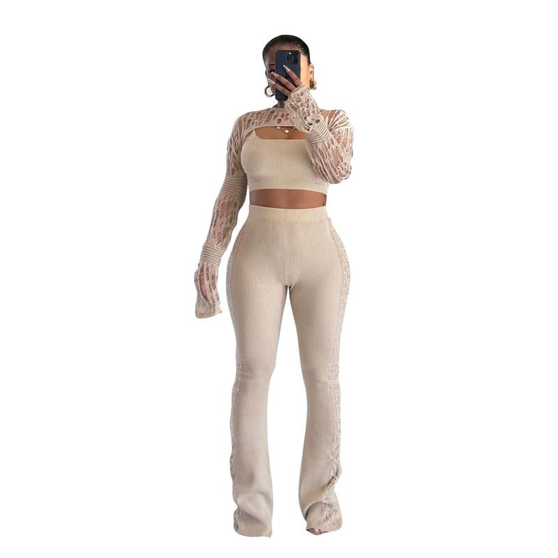 Apricot Knitted 3 Pieces Hollow Out Crop Tops Bodycon Fashion Pant Dress Sets