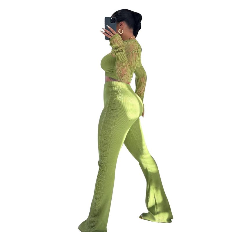 Green Knitted 3 Pieces Hollow Out Crop Tops Bodycon Fashion Pant Dress Sets