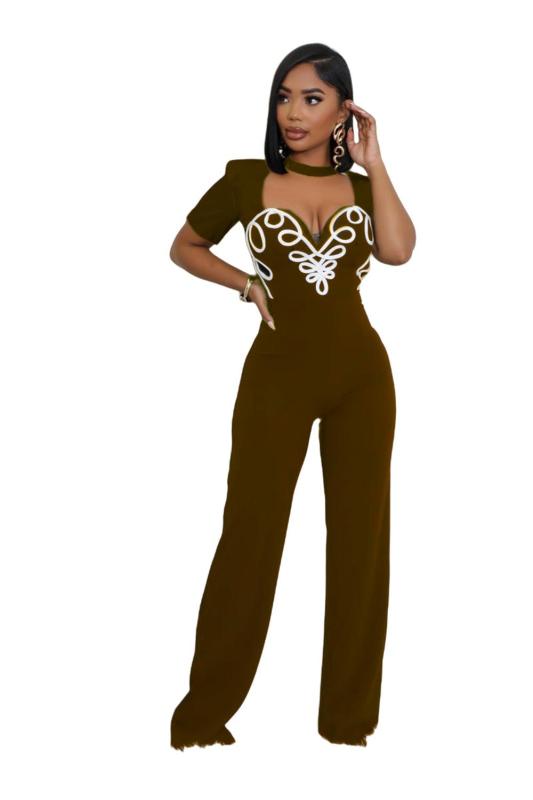 Brown Fashion Stripe Patchwork Bodycon Jumpsuits Women Hollow-out Short Sleeve Rompers