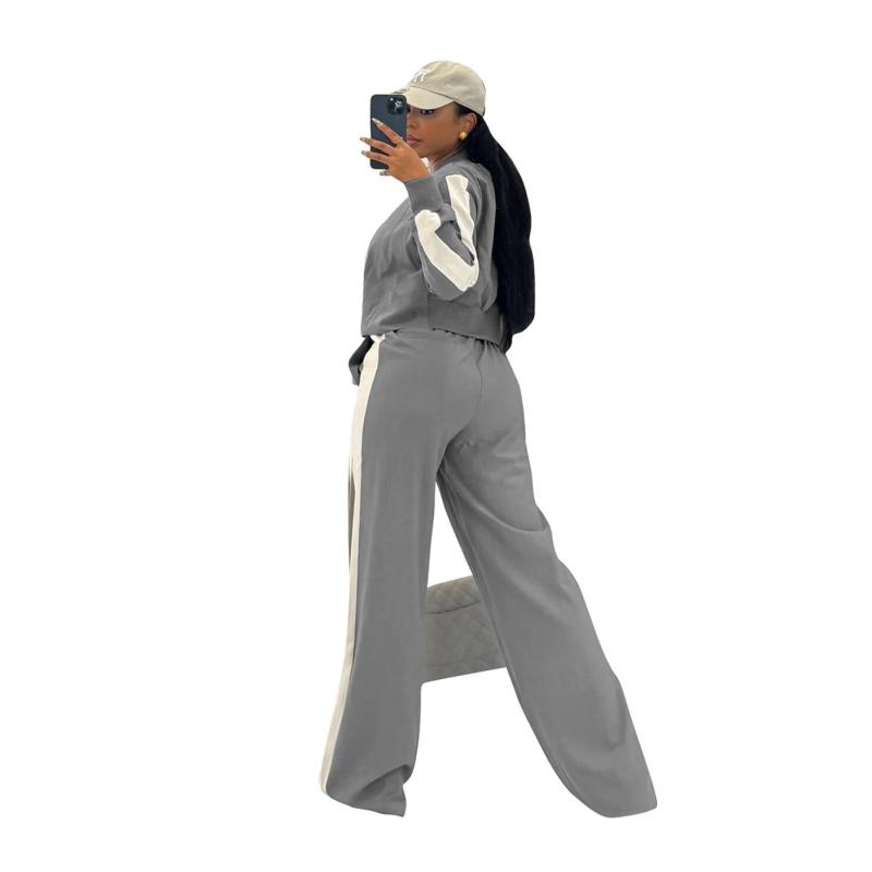 Gray Two Pieces Zipper Long Sleeve Fashion Top Wide Leg Pant Overalls Clothing