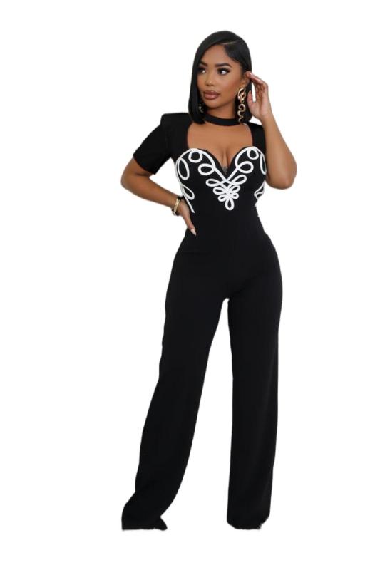 Black Fashion Stripe Patchwork Bodycon Jumpsuits Women Hollow-out Short Sleeve Rompers