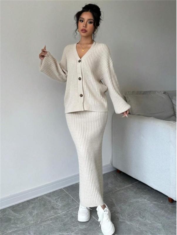 Apricot Two Pieces Sets Knitted Sweater Going Out Fashion Midi Skirt Dress