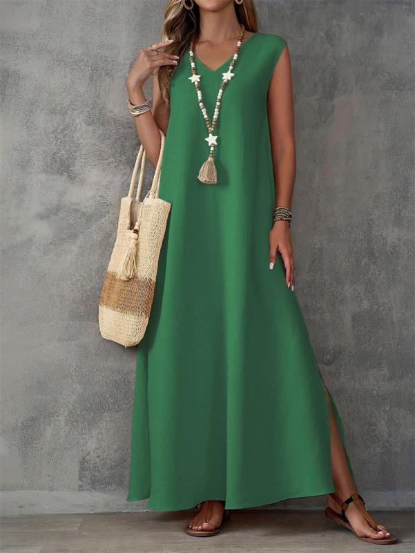 Green Sleeveless Fashion Women Summer Elegant Slit Side Maxi Dress