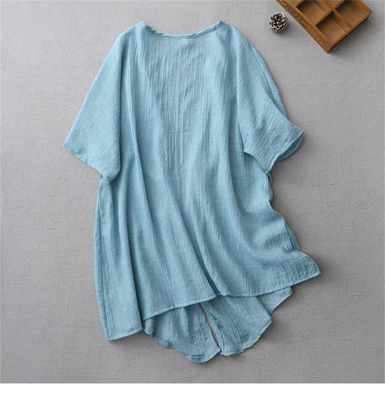 Blue Ultra-thin Cotton Linen Loose Cardigan Women's Mid-length Shawl Jacket Outer Sunscreen Shirt