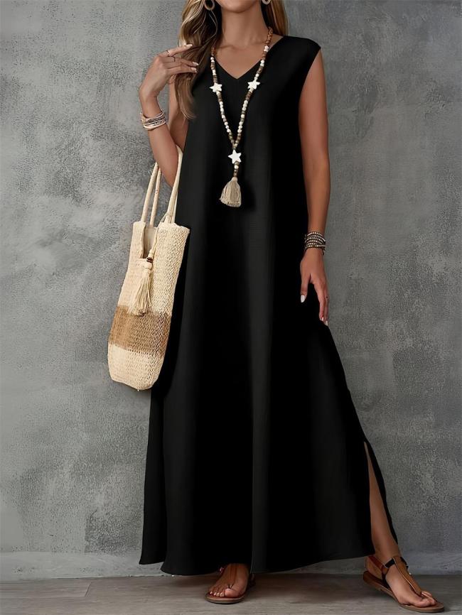Black Sleeveless Fashion Women Summer Elegant Slit Side Maxi Dress