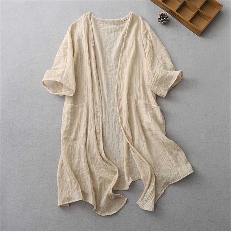 Apricot Ultra-thin Cotton Linen Loose Cardigan Women's Mid-length Shawl Jacket Outer Sunscreen Shirt