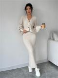 Apricot Two Pieces Sets Knitted Sweater Going Out Fashion Midi Skirt Dress
