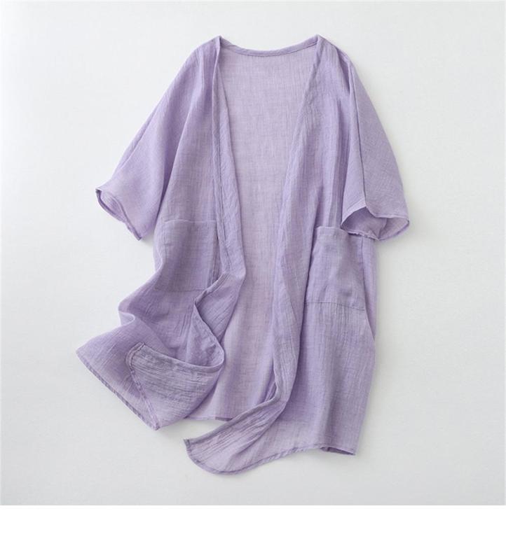 Purple Ultra-thin Cotton Linen Loose Cardigan Women's Mid-length Shawl Jacket Outer Sunscreen Shirt