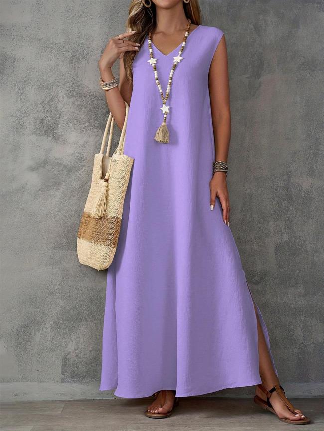Purple Sleeveless Fashion Women Summer Elegant Slit Side Maxi Dress