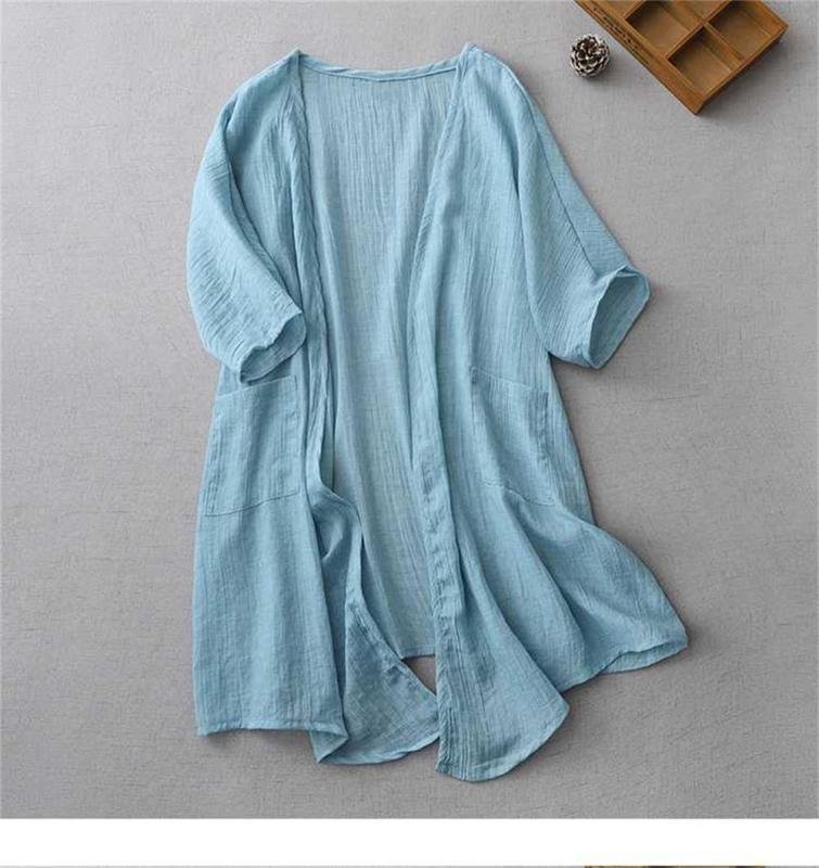 Blue Ultra-thin Cotton Linen Loose Cardigan Women's Mid-length Shawl Jacket Outer Sunscreen Shirt