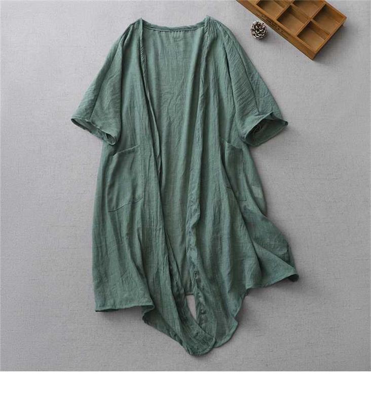 Green Ultra-thin Cotton Linen Loose Cardigan Women's Mid-length Shawl Jacket Outer Sunscreen Shirt