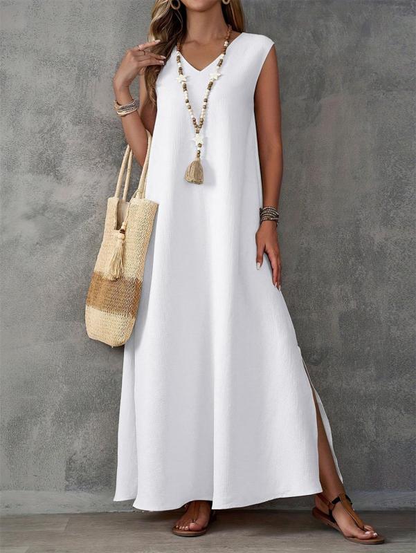 White Sleeveless Fashion Women Summer Elegant Slit Side Maxi Dress