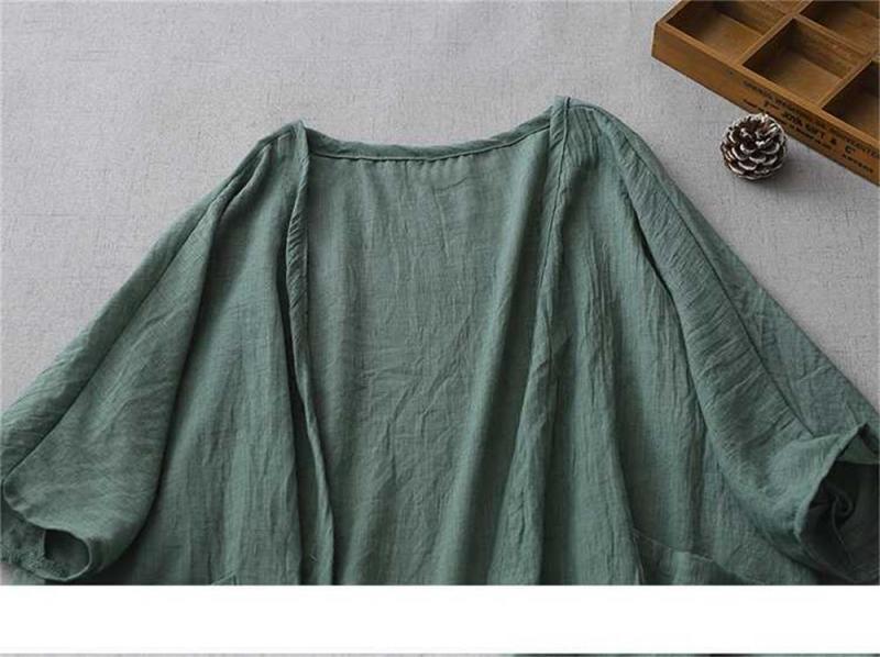 Green Ultra-thin Cotton Linen Loose Cardigan Women's Mid-length Shawl Jacket Outer Sunscreen Shirt