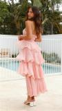 Pink Off Shoulder Mesh Ruffles Pleated Women Fashion Cake Long Dress