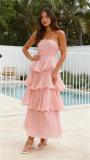 Pink Off Shoulder Mesh Ruffles Pleated Women Fashion Cake Long Dress