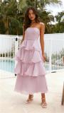 Purple Off Shoulder Mesh Ruffles Pleated Women Fashion Cake Long Dress