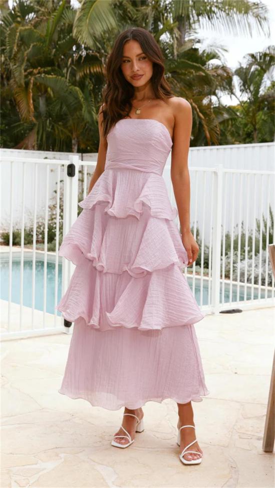 Purple Off Shoulder Mesh Ruffles Pleated Women Fashion Cake Long Dress