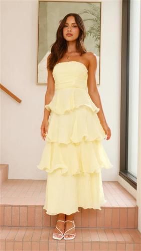 Yellow Off Shoulder Mesh Ruffles Pleated Women Fashion Cake Long Dress
