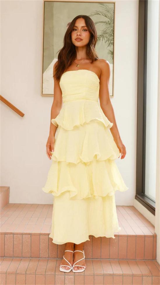 Yellow Off Shoulder Mesh Ruffles Pleated Women Fashion Cake Long Dress