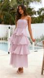 Purple Off Shoulder Mesh Ruffles Pleated Women Fashion Cake Long Dress