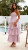 Purple Off Shoulder Mesh Ruffles Pleated Women Fashion Cake Long Dress