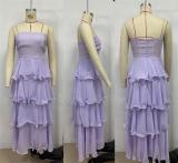 Purple Off Shoulder Mesh Ruffles Pleated Women Fashion Cake Long Dress