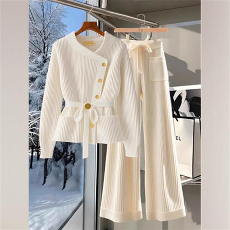 Apricot Winter Knitted Sweaters Elegant Women Long Sleeve Tops Pleated Fashion Women Wide Leg Dress Suit Sets