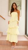 Yellow Off Shoulder Mesh Ruffles Pleated Women Fashion Cake Long Dress