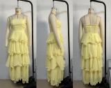 Yellow Off Shoulder Mesh Ruffles Pleated Women Fashion Cake Long Dress