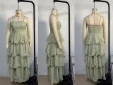 Green Off Shoulder Mesh Ruffles Pleated Women Fashion Cake Long Dress