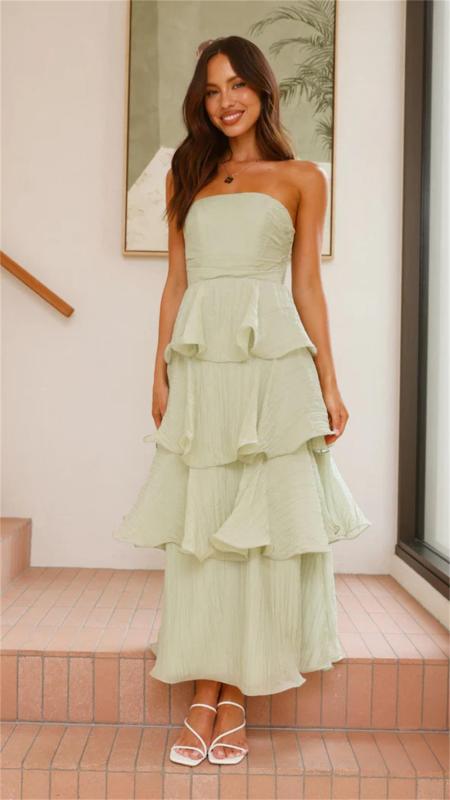 Green Off Shoulder Mesh Ruffles Pleated Women Fashion Cake Long Dress