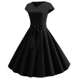 Black Fashion Women V Neck Casual Autumn Party Pleated Midi Dress