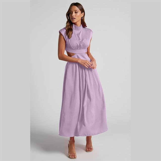 Purple O Neck Cut Out Solid Color Elegant Fashion Women Pleated Maxi Dress