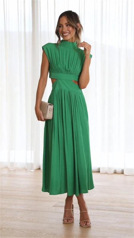 Green O Neck Cut Out Solid Color Elegant Fashion Women Pleated Maxi Dress