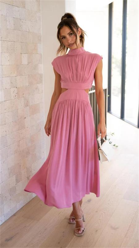 Pink O Neck Cut Out Solid Color Elegant Fashion Women Pleated Maxi Dress