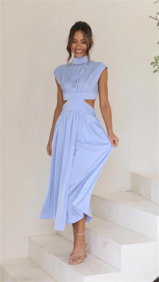 Sky Blue O Neck Cut Out Solid Color Elegant Fashion Women Pleated Maxi Dress