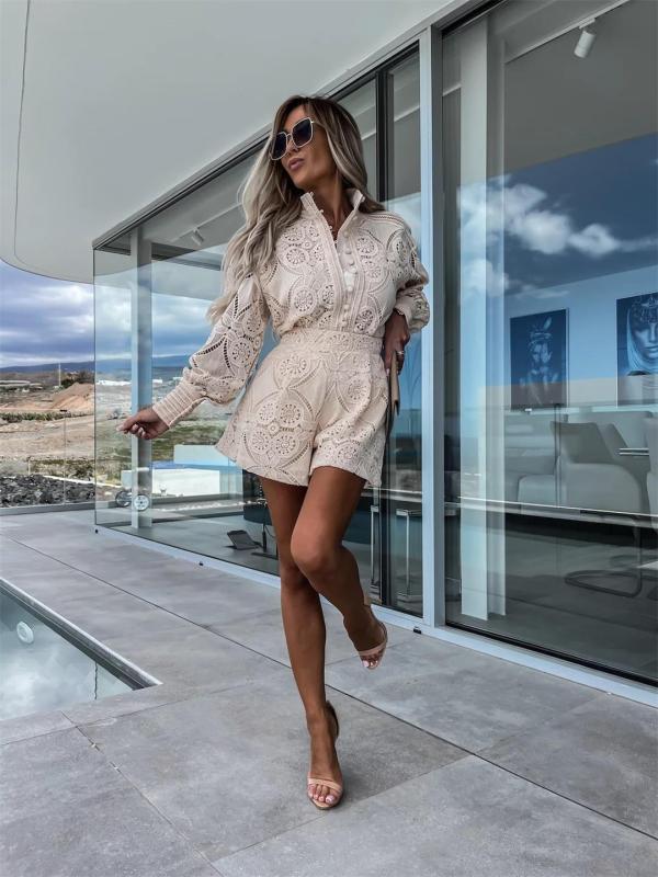 Beige Long Sleeve Hollow Out Lace Crop Top Party Club Short Sets