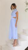 Sky Blue O Neck Cut Out Solid Color Elegant Fashion Women Pleated Maxi Dress