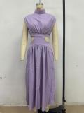 Purple O Neck Cut Out Solid Color Elegant Fashion Women Pleated Maxi Dress