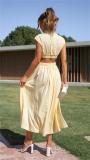 Yellow O Neck Cut Out Solid Color Elegant Fashion Women Pleated Maxi Dress