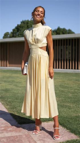 Yellow O Neck Cut Out Solid Color Elegant Fashion Women Pleated Maxi Dress