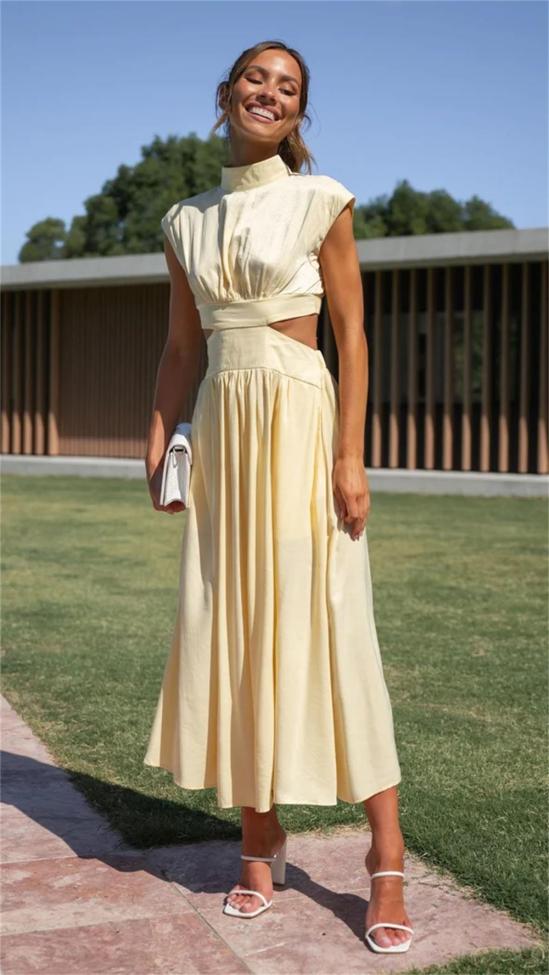 Yellow O Neck Cut Out Solid Color Elegant Fashion Women Pleated Maxi Dress