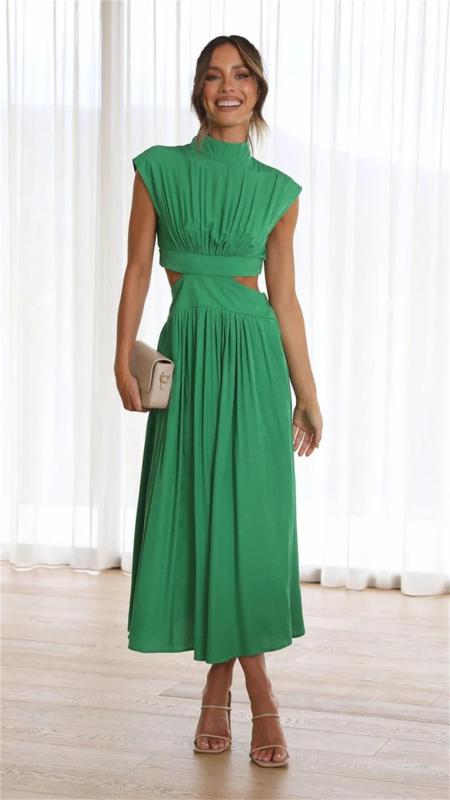 Green O Neck Cut Out Solid Color Elegant Fashion Women Pleated Maxi Dress