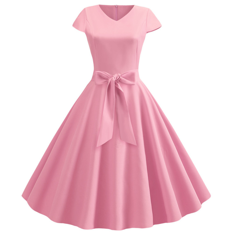 Pink Fashion Women V Neck Casual Autumn Party Pleated Midi Dress