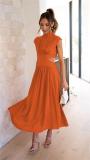 Orange O Neck Cut Out Solid Color Elegant Fashion Women Pleated Maxi Dress