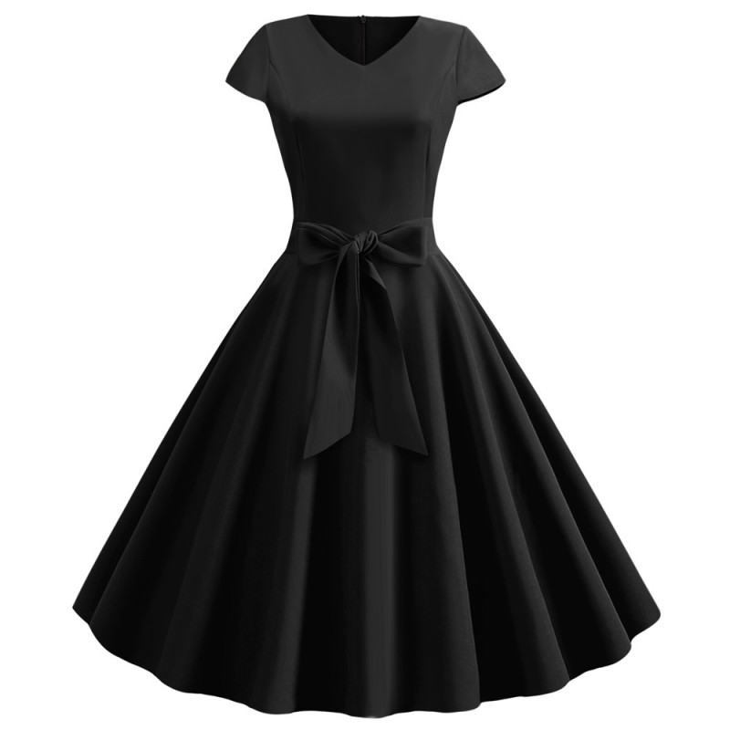 Black Fashion Women V Neck Casual Autumn Party Pleated Midi Dress
