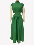 Green O Neck Cut Out Solid Color Elegant Fashion Women Pleated Maxi Dress