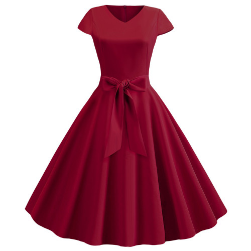 Claret Fashion Women V Neck Casual Autumn Party Pleated Midi Dress