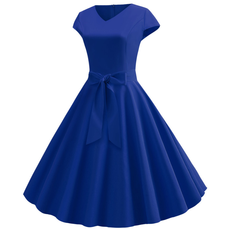 Royal Blue Fashion Women V Neck Casual Autumn Party Pleated Midi Dress