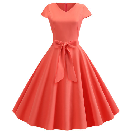 Melon Red Fashion Women V Neck Casual Autumn Party Pleated Midi Dress